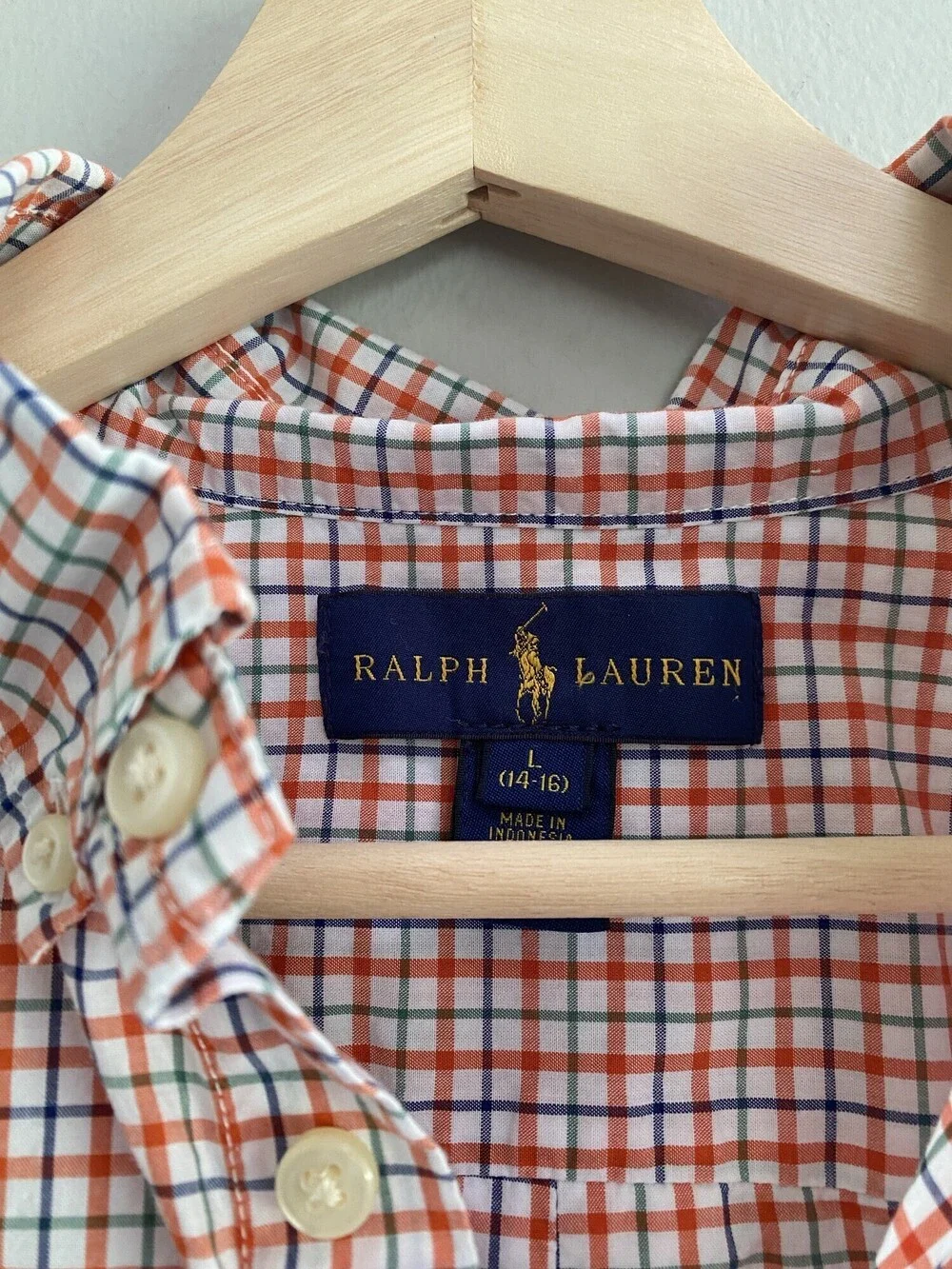 Ralph Lauren Boys Orange Multicolor Check Button Down L 14-16